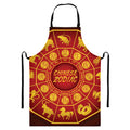 Red And Yellow Chinese Zodiac Print Bib Apron With Pocket