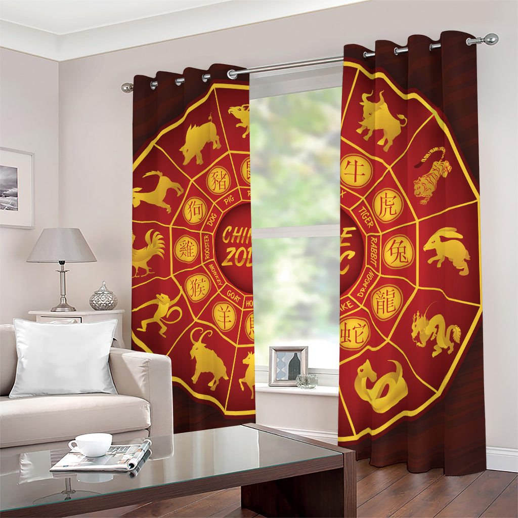 Red And Yellow Chinese Zodiac Print Blackout Grommet Curtains