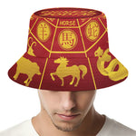 Red And Yellow Chinese Zodiac Print Bucket Hat