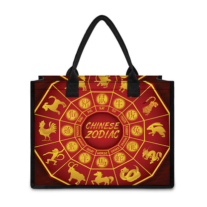 Red And Yellow Chinese Zodiac Print Canvas Tote Bag