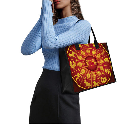 Red And Yellow Chinese Zodiac Print Canvas Tote Bag