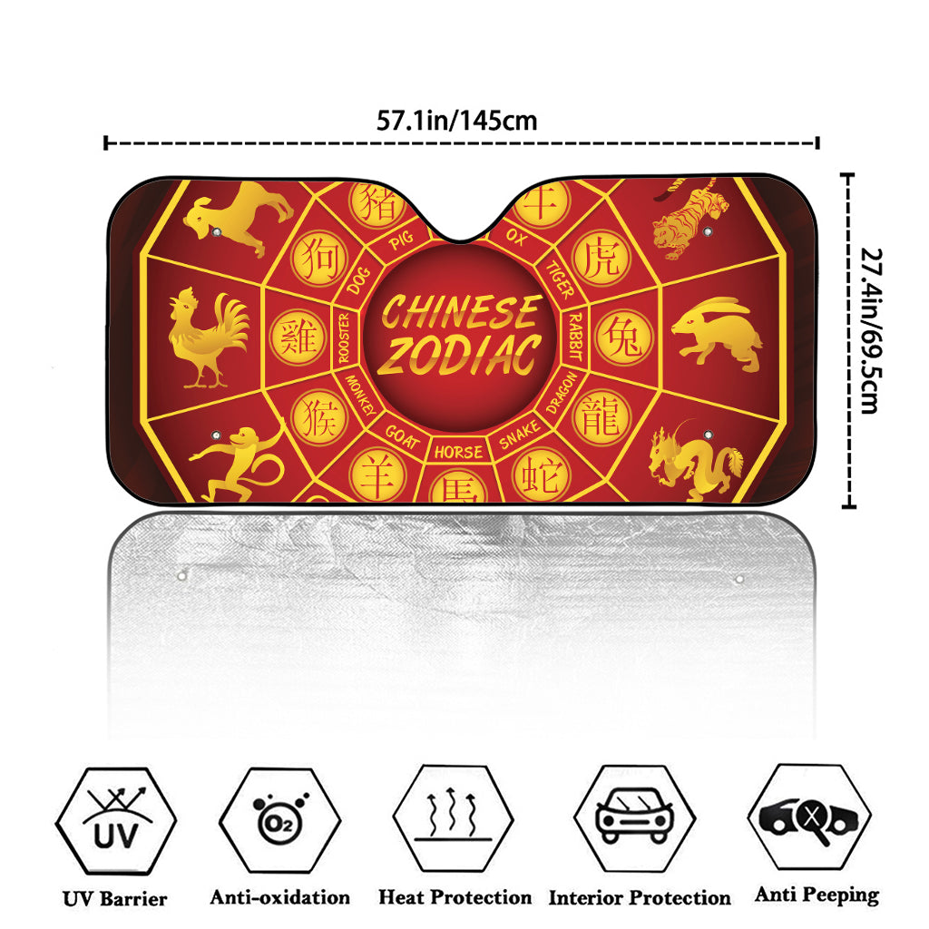 Red And Yellow Chinese Zodiac Print Car Windshield Sun Shade