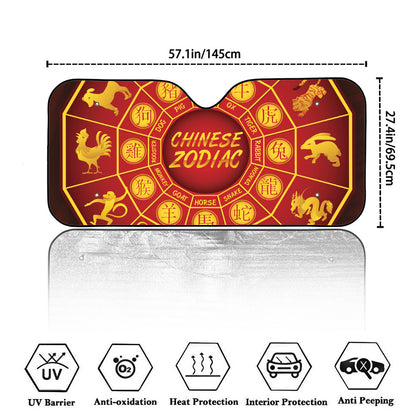 Red And Yellow Chinese Zodiac Print Car Windshield Sun Shade