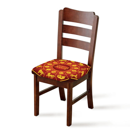 Red And Yellow Chinese Zodiac Print Chair Cushion Cover