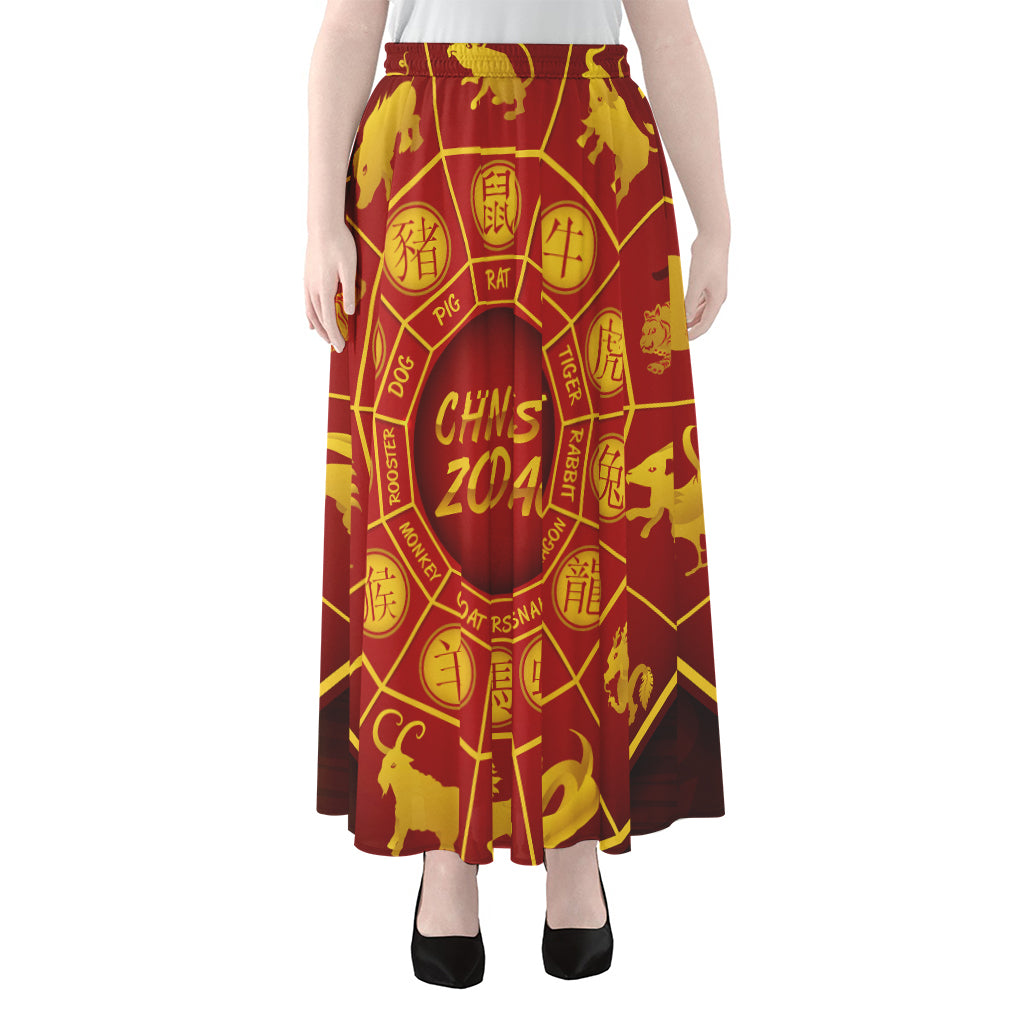 Red And Yellow Chinese Zodiac Print Chiffon Maxi Skirt