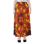 Red And Yellow Chinese Zodiac Print Chiffon Maxi Skirt