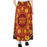 Red And Yellow Chinese Zodiac Print Chiffon Maxi Skirt