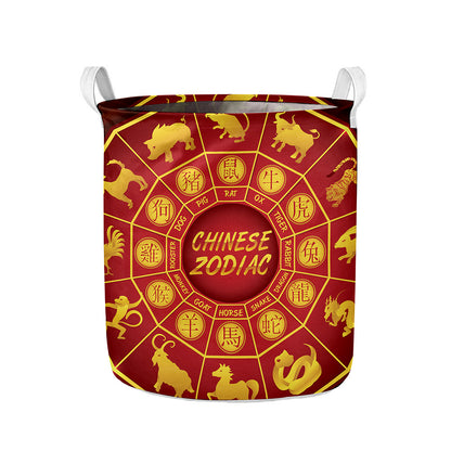 Red And Yellow Chinese Zodiac Print Collapsible Laundry Basket