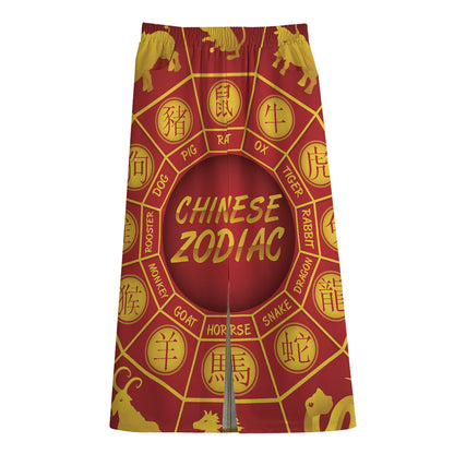 Red And Yellow Chinese Zodiac Print Cotton Front Slit Maxi Skirt
