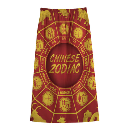 Red And Yellow Chinese Zodiac Print Cotton Front Slit Maxi Skirt