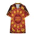 Red And Yellow Chinese Zodiac Print Cotton Hawaiian Shirt