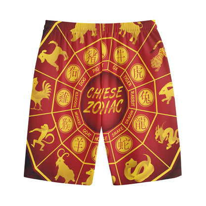 Red And Yellow Chinese Zodiac Print Cotton Shorts