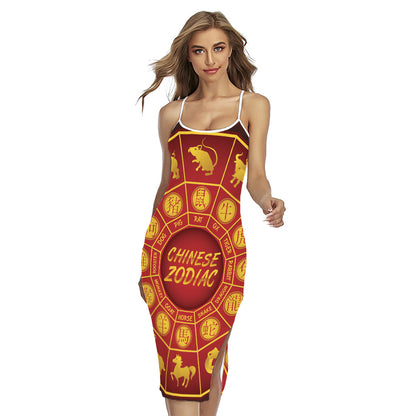 Red And Yellow Chinese Zodiac Print Cross Back Cami Dress