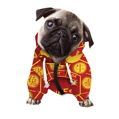 Red And Yellow Chinese Zodiac Print Dog Zip Up Hoodie