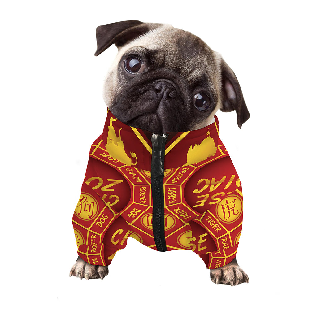 Red And Yellow Chinese Zodiac Print Dog Zip Up Jacket