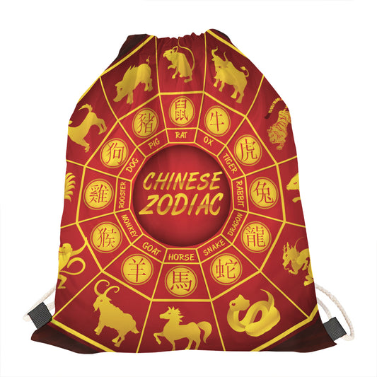 Red And Yellow Chinese Zodiac Print Drawstring Bag