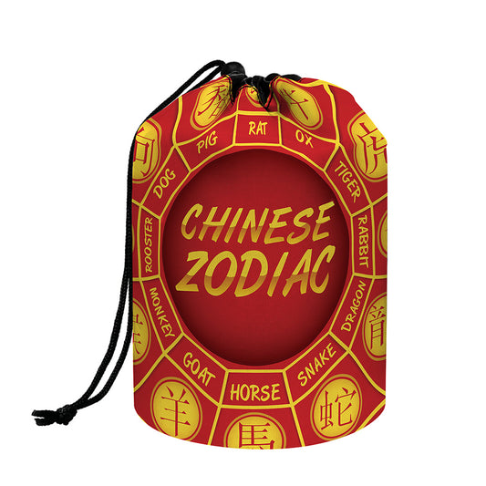 Red And Yellow Chinese Zodiac Print Drawstring Makeup Bag