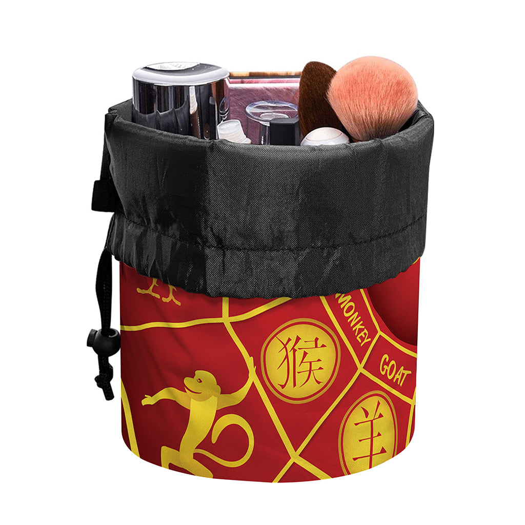 Red And Yellow Chinese Zodiac Print Drawstring Makeup Bag
