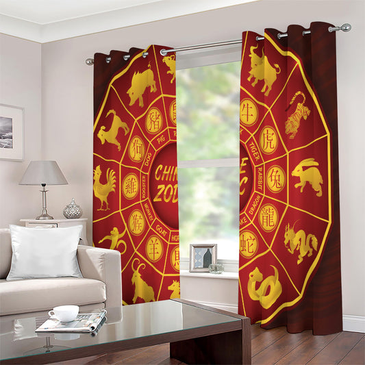 Red And Yellow Chinese Zodiac Print Extra Wide Grommet Curtains