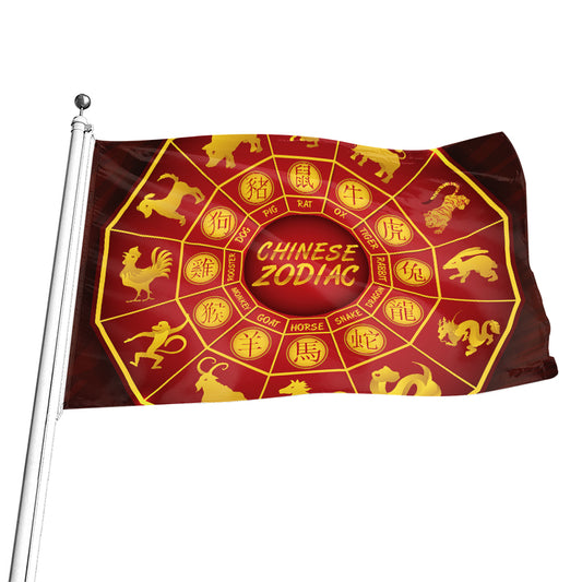 Red And Yellow Chinese Zodiac Print Flag