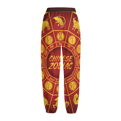 Red And Yellow Chinese Zodiac Print Fleece Lined Knit Pants