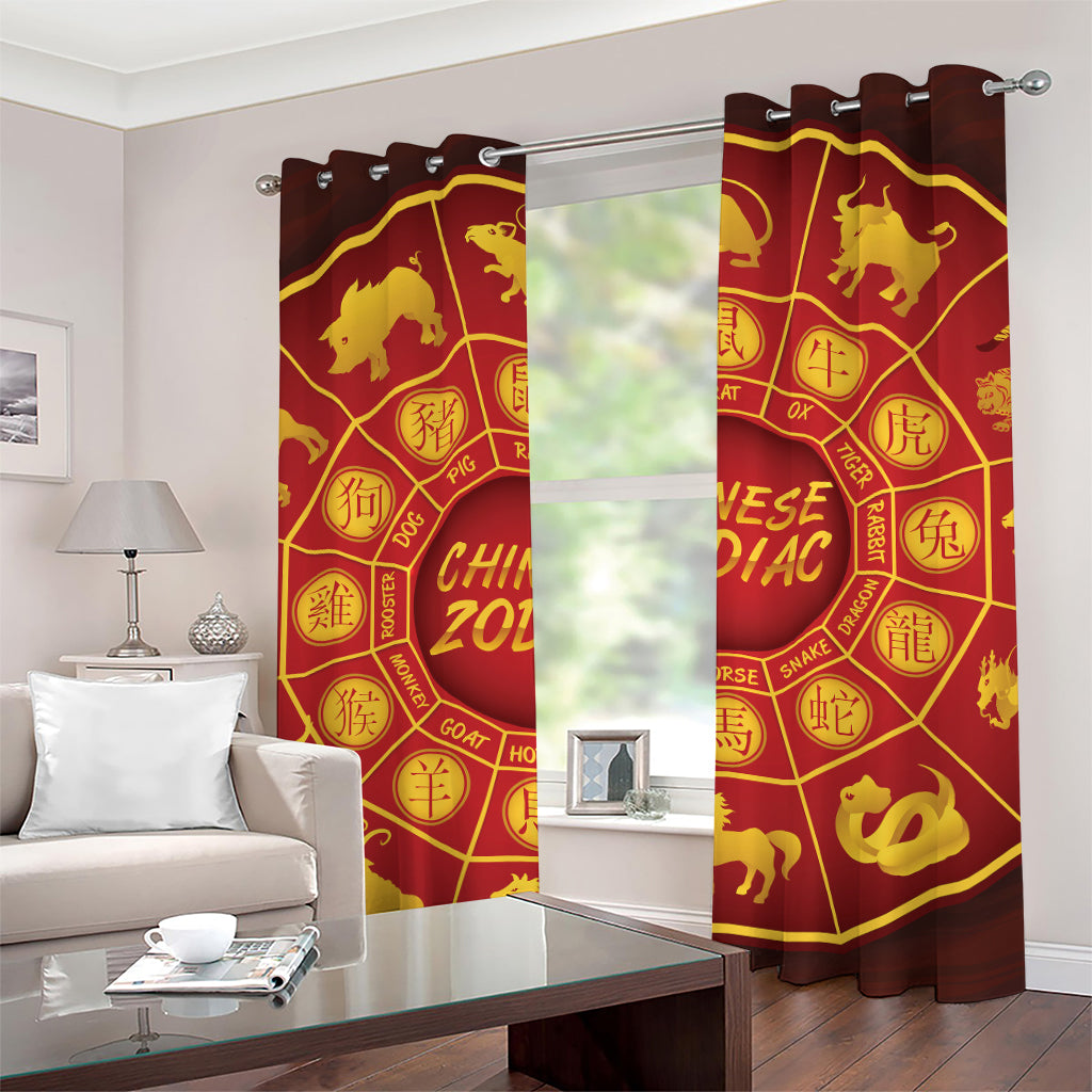 Red And Yellow Chinese Zodiac Print Grommet Curtains
