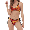 Red And Yellow Chinese Zodiac Print Halter Scoop Tie Side Bikini