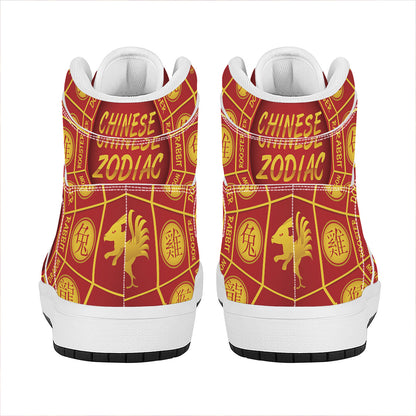 Red And Yellow Chinese Zodiac Print High Top Leather Sneakers