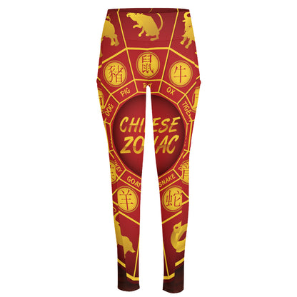 Red And Yellow Chinese Zodiac Print High-Waisted Pocket Leggings