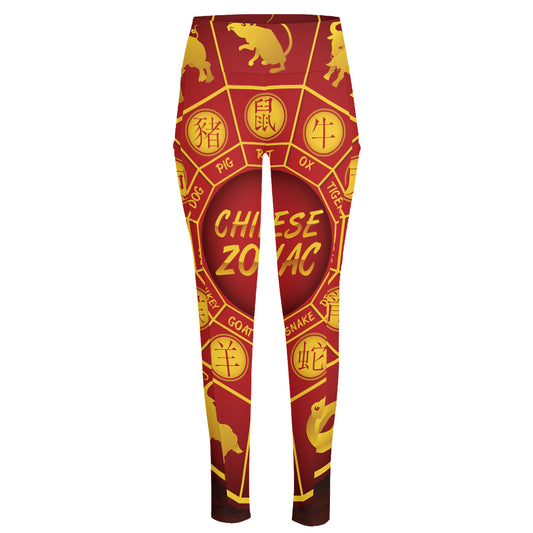 Red And Yellow Chinese Zodiac Print High-Waisted Pocket Leggings