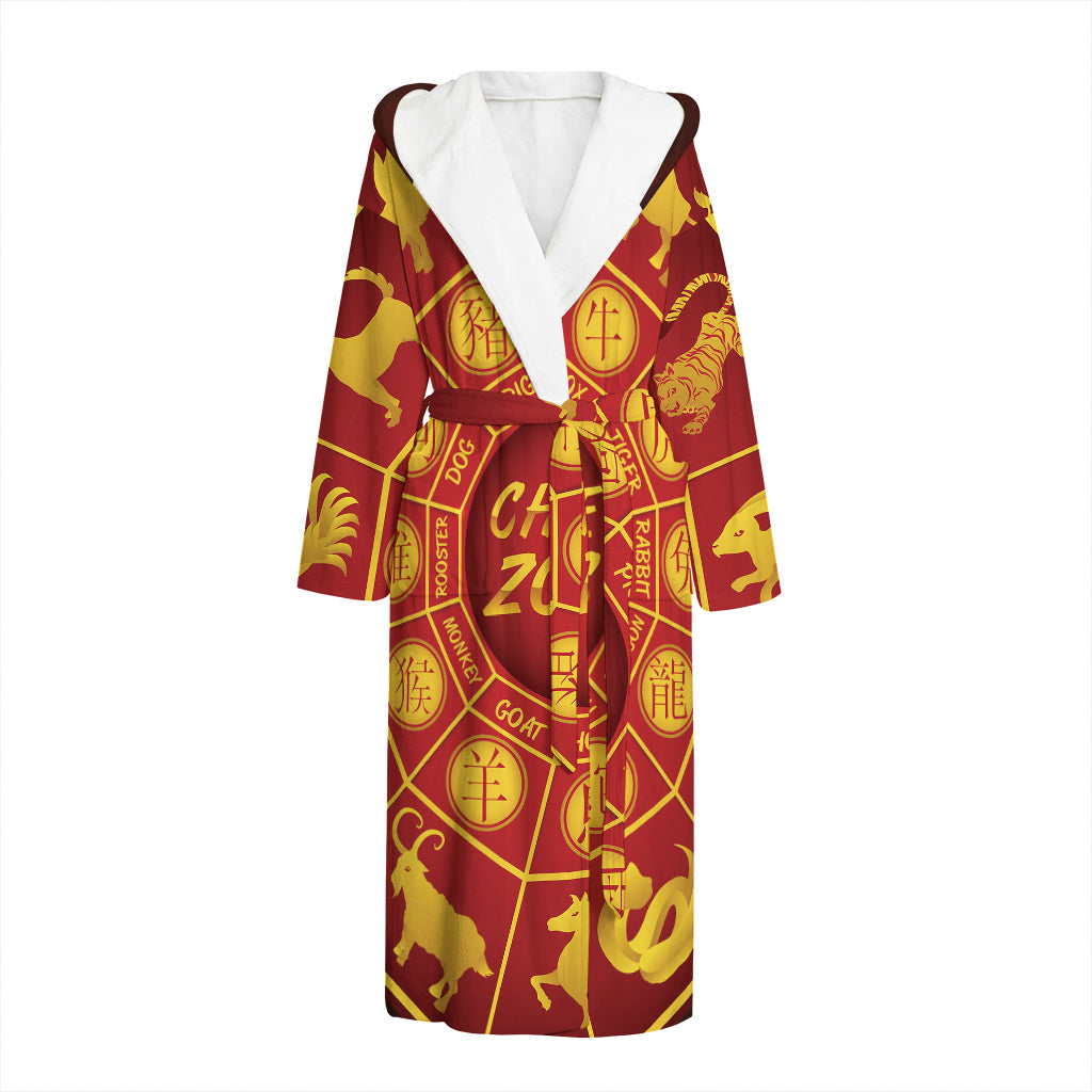 Red And Yellow Chinese Zodiac Print Hooded Bathrobe