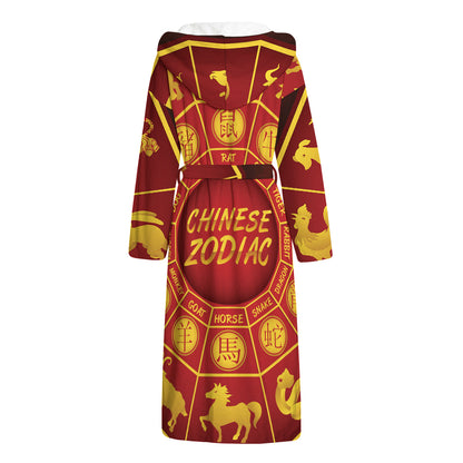 Red And Yellow Chinese Zodiac Print Hooded Bathrobe