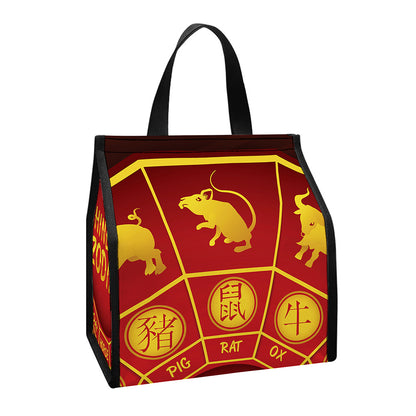Red And Yellow Chinese Zodiac Print Insulated Lunch Tote