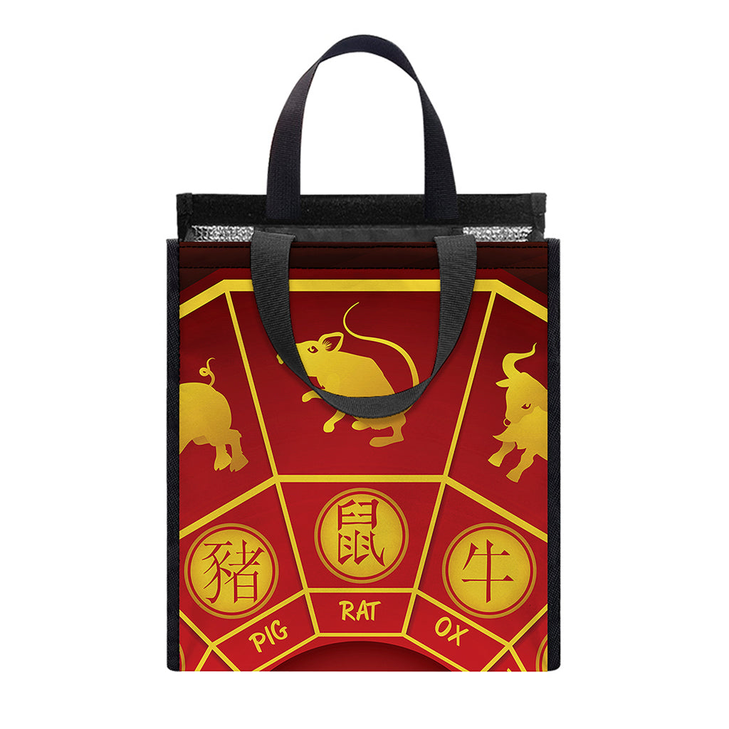 Red And Yellow Chinese Zodiac Print Insulated Lunch Tote