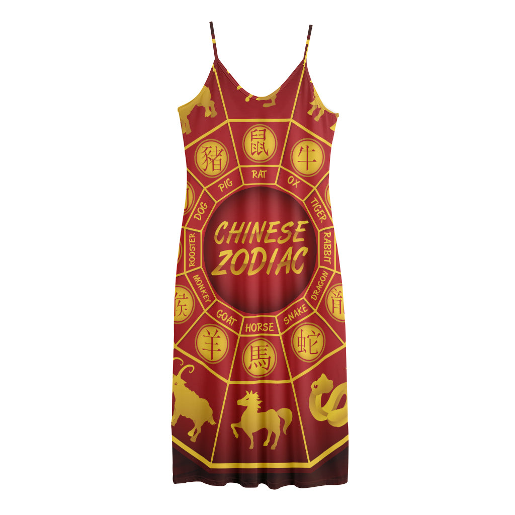 Red And Yellow Chinese Zodiac Print Jersey Midi Cami Dress