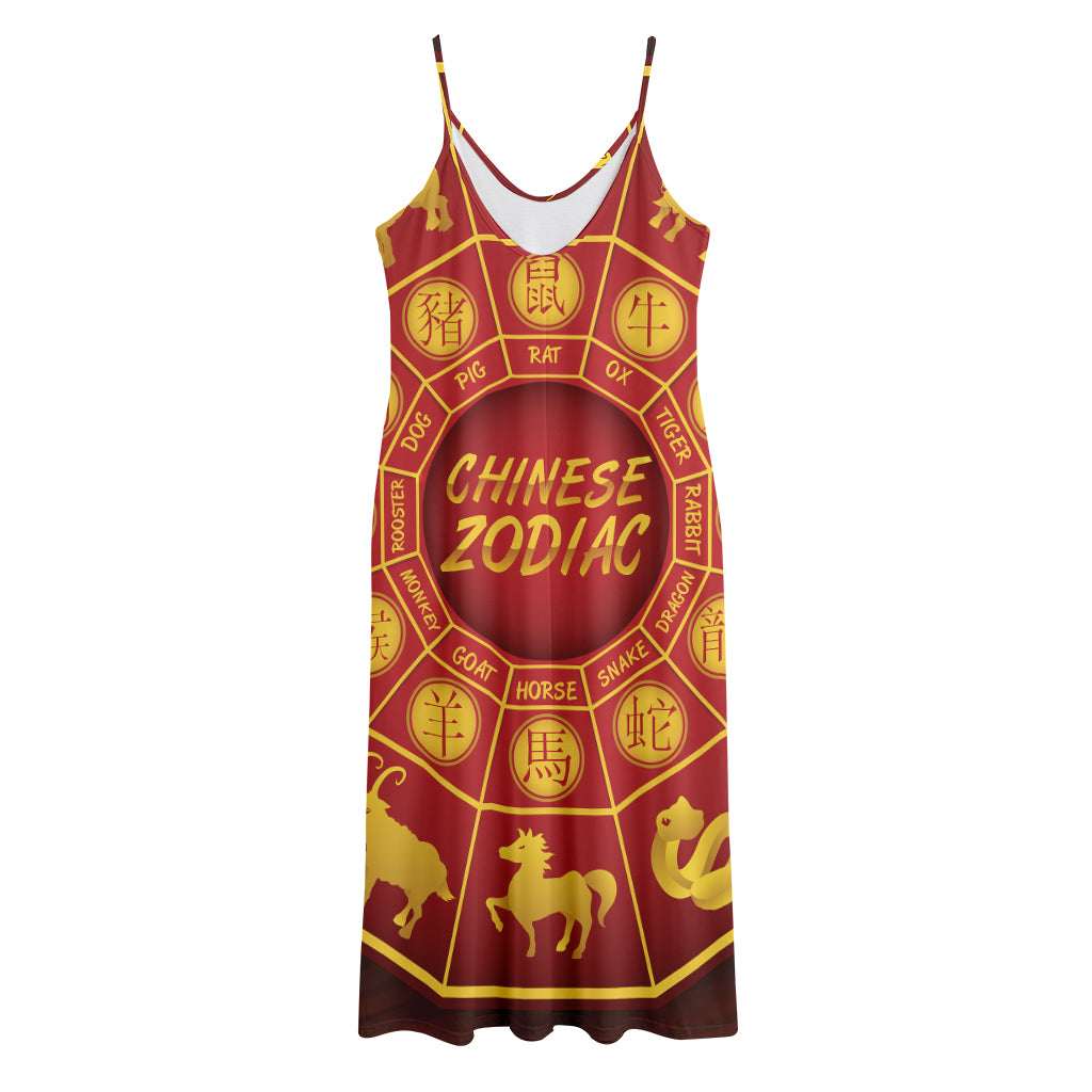 Red And Yellow Chinese Zodiac Print Jersey Midi Cami Dress