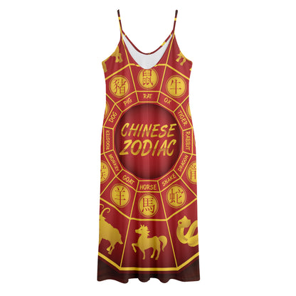 Red And Yellow Chinese Zodiac Print Jersey Midi Cami Dress