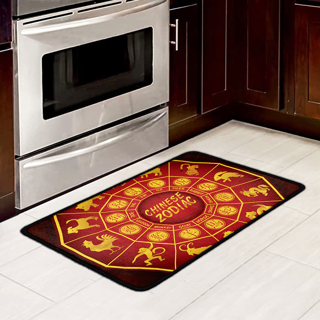 Red And Yellow Chinese Zodiac Print Kitchen Mat