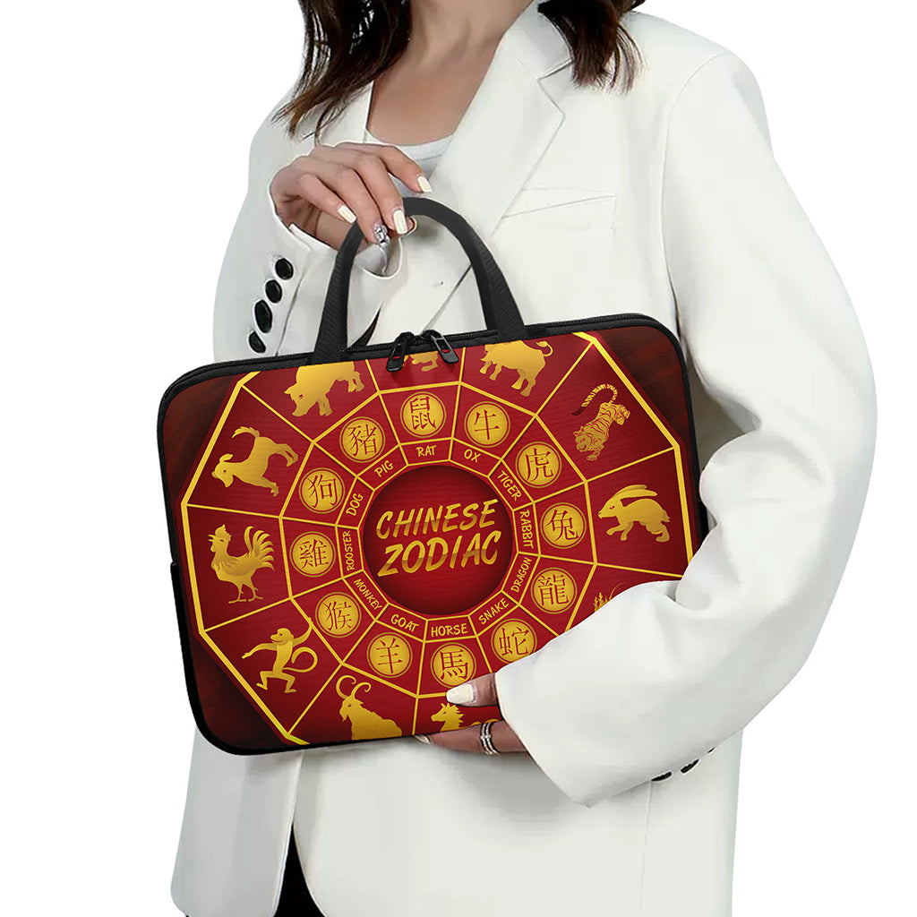 Red And Yellow Chinese Zodiac Print Laptop Sleeve With Handle