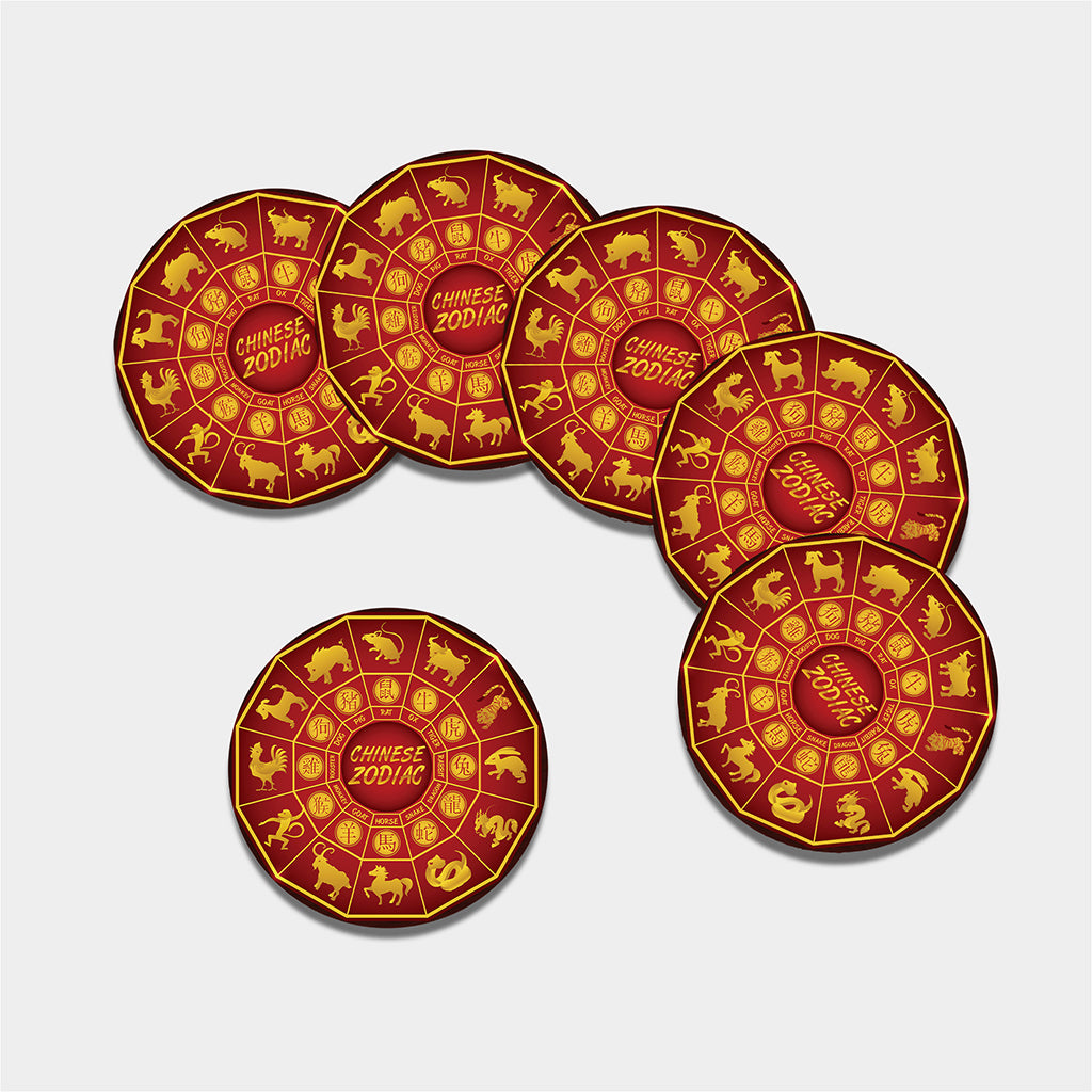 Red And Yellow Chinese Zodiac Print Leather Coaster Set
