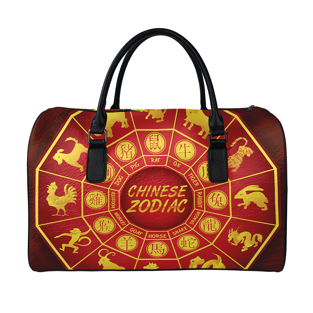 Red And Yellow Chinese Zodiac Print Leather Duffle Bag