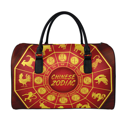 Red And Yellow Chinese Zodiac Print Leather Duffle Bag