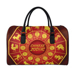 Red And Yellow Chinese Zodiac Print Leather Duffle Bag