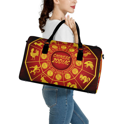 Red And Yellow Chinese Zodiac Print Leather Duffle Bag