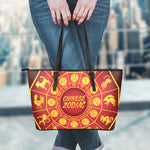 Red And Yellow Chinese Zodiac Print Leather Tote Bag