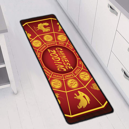 Red And Yellow Chinese Zodiac Print Long Kitchen Mat