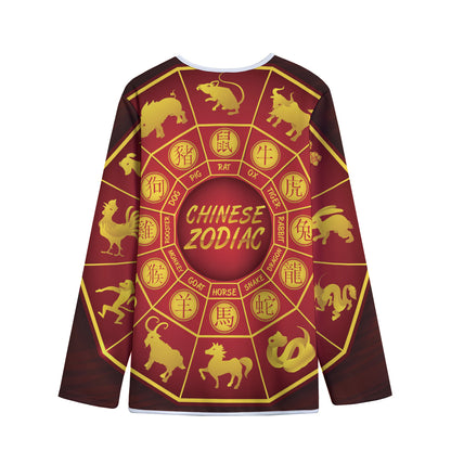 Red And Yellow Chinese Zodiac Print Long Sleeve Short Coat