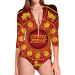 Red And Yellow Chinese Zodiac Print Long Sleeve Swimsuit