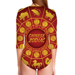 Red And Yellow Chinese Zodiac Print Long Sleeve Swimsuit