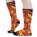 Red And Yellow Chinese Zodiac Print Long Socks